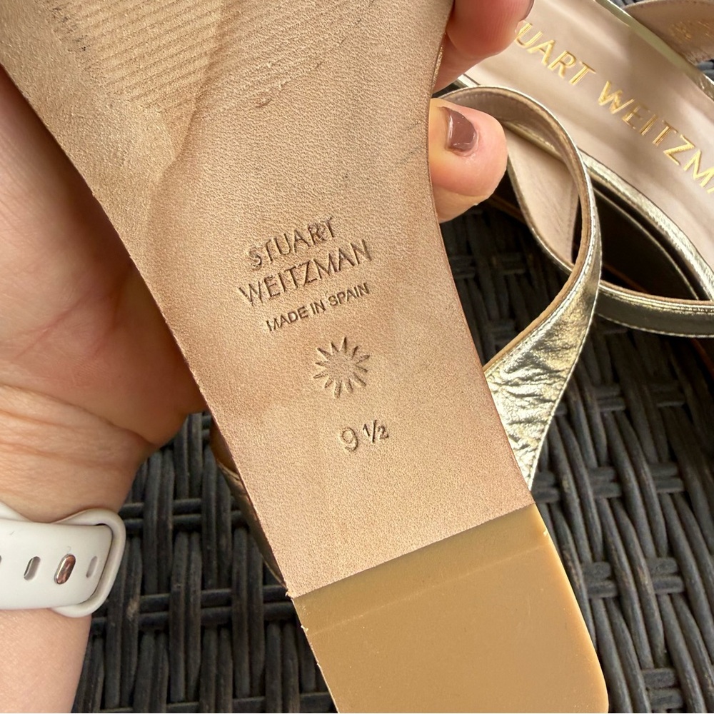 Stuart Weitzman Aleena gold, square toe wedge sandals - Picture 6 of 7